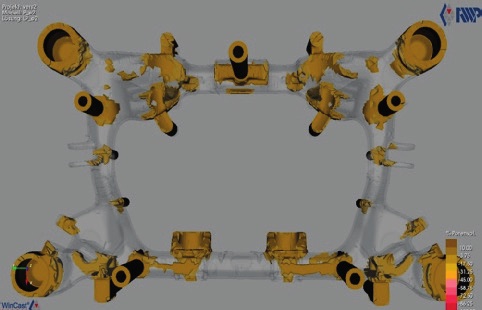 Numerical casting simulation of a chassis component with WinCast, showing gating and feeders